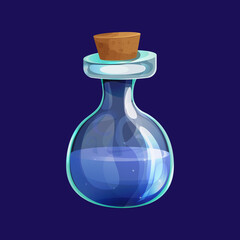 Magic Bottle with liquid potion elixir lab game icon in cartoon style isolated on white background. Glass jar, spooky wizard, alchemy asset