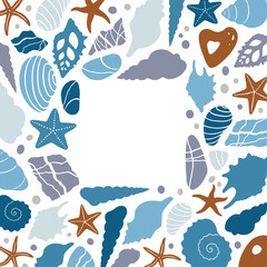 Fototapeta premium Abstract illustration of summer time concept. Underwater set of silhouettes. .Shells, stones, shapes. Flat vector illustration. Card template