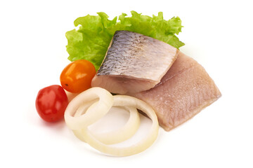 Atlantic herring, sliced fish fillet, isolated on white background.