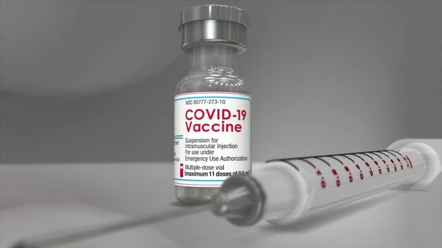 High quality, photo-realistic CGI render of a single syringe on a reflective countertop, with a small glass vial of cornona virus COVID-19 vaccine, rendered with beautiful depth of field