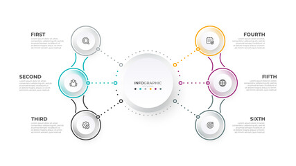 Thin line business infographic template with 6 options. Vector illustration. Can be used for workflow diagram, info chart, web design.