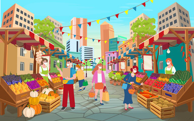 Organic food market street with people. Food market stalls with fruits and vegetables.Vector cartoon wooden marketplace tents with farm produce.