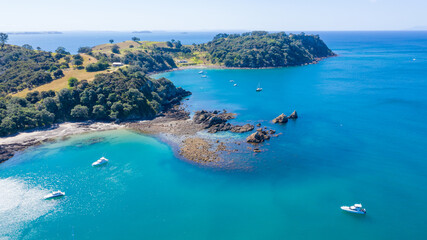 Aerial View from Ocean, Beach, Green Trees and Mountains in Waiheke Island, New Zealand - Auckland...