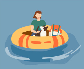 A woman has lost her home in floods and is on a boat with her pet dog. flat design style vector illustration.