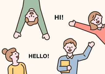 People protruding from the edge of the page greet each other. outline simple vector illustration.