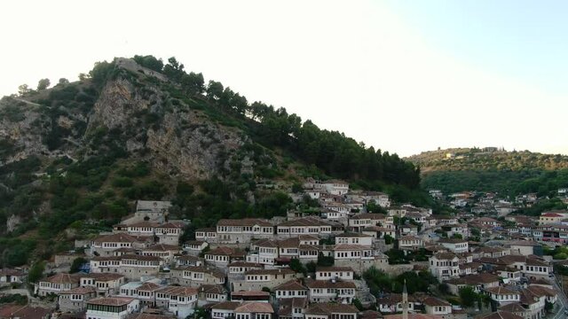 Dron view 4k of Berat, Albania, the city of a thousand windows, sunset