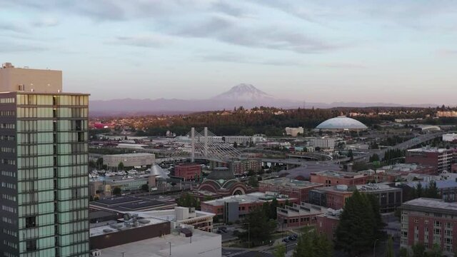 Distant View Of The Tacoma Dome And Mount Rainier In The American State Of Washington. aerial