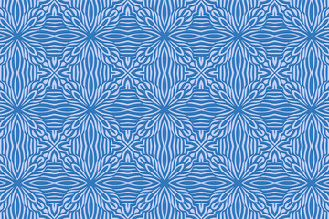 Geometric volumetric convex 3D blue pattern, arabesque for wallpaper, websites, textiles. Embossed creative floral background in traditional oriental, Indian style. Texture with ethnic ornament.