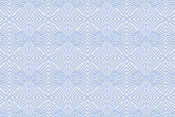 Geometric volumetric convex 3D blue pattern, arabesque for wallpaper, websites, textiles. Embossed stylish floral background in traditional oriental, Indian style. Texture with ethnic ornament.