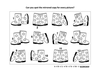 Visual puzzle with rubber boots: Try to find mirrored copy for every picture. Answer included.

