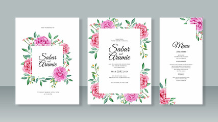 Fototapeta na wymiar Set of beautiful wedding invitation templates with watercolor rose flower painting