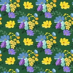 Selbstklebende Fototapeten vector seamless pattern with hand drawn floral ornament on a green  background. patern for printing on clothing, fabric, wrapping paper, flower background, wallpaper © Viktoria