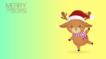 Merry Christmas and happy new year Card with cute reindeer and paper space. Holidays cartoon character vector. 