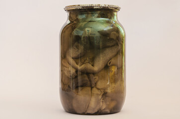 Botulism, food poisoning from canned foods concept. Glass jar wi
