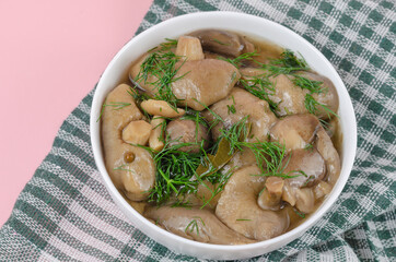 Marinated mushrooms in a white ceramic bowl with dill. Ready to