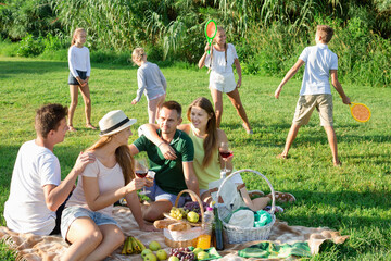 Happy positive women and men on picnic in summer park with happy children playing behind