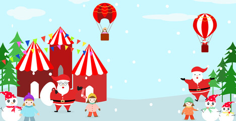 Vector - Event Christmas. Tent, balloon, tree,  snowman on beautiful day. Snowflake with blue sky. 