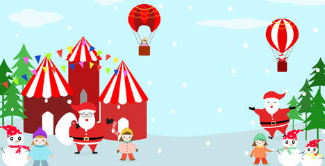 Obraz premium Vector - Event Christmas. Tent, balloon, tree, snowman on beautiful day. Snowflake with blue sky. 