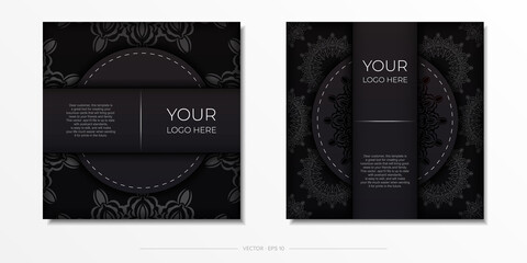 Luxurious Vector Black Color Postcard Template with Vintage Patterns.
