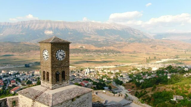 Drone shot 4k. Gjirokastra Castle is a castle in Gjirokastra, Albania. The castle overlooks the city, overlooking the strategically important route along the river valley.