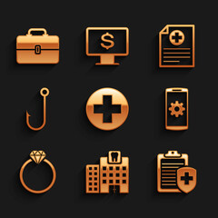 Set Medical cross in circle, Dental clinic, Clipboard with medical insurance, Setting on smartphone, Diamond engagement ring and Fishing hook icon. Vector