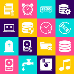 Set Music note, tone, Database, Waiting, Retro flip clock, protection and Dead laptop icon. Vector