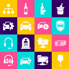 Set Wine glass, Paper money dollars cash, Car protection or insurance, bottle with, Police car and flasher and service icon. Vector