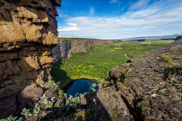 asbyrgi is a horseshoe-shaped canyon in Jokulsargljufur national park, Iceland.
