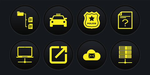 Set Computer network, Unknown document, Open in new window, Cloud mail server, Police badge and Taxi car icon. Vector