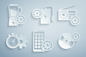 Set Mobile Apps setting, Radio, Time management, CD or DVD disk, Power bank and Blender with bowl icon. Vector