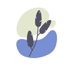 Plant on background of colored spots. Grey botanical branch and blue and gray geometric abstract pattern in a minimalist style. Doodle object