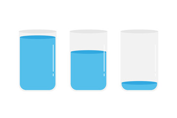 Set, collection of three cute cartoon style glasses of water, glass containers with water, full, half-full and empty.