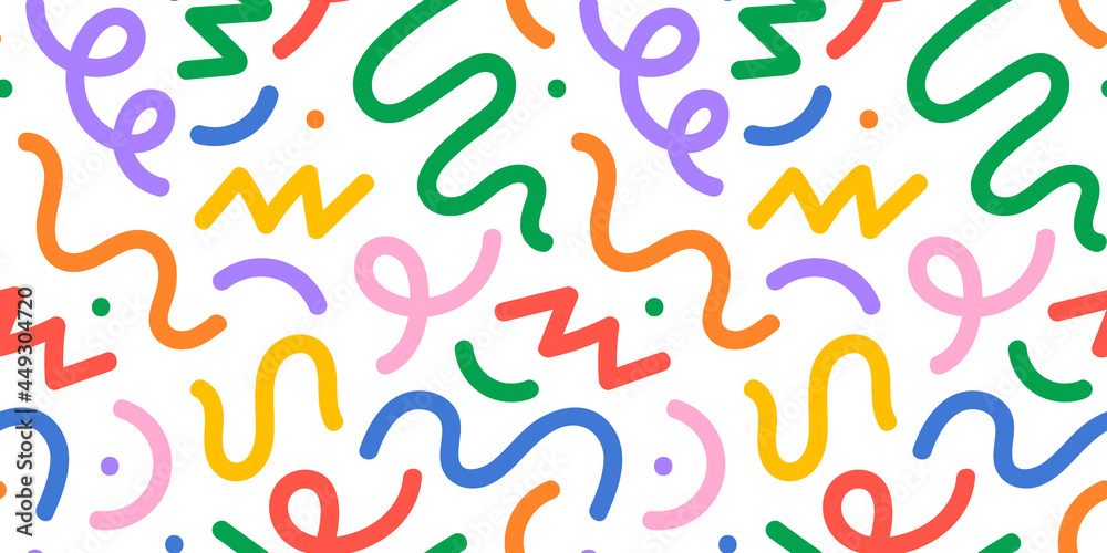 Poster Fun colorful line doodle seamless pattern. Creative minimalist style art background for children or trendy design with basic shapes. Simple childish scribble backdrop.