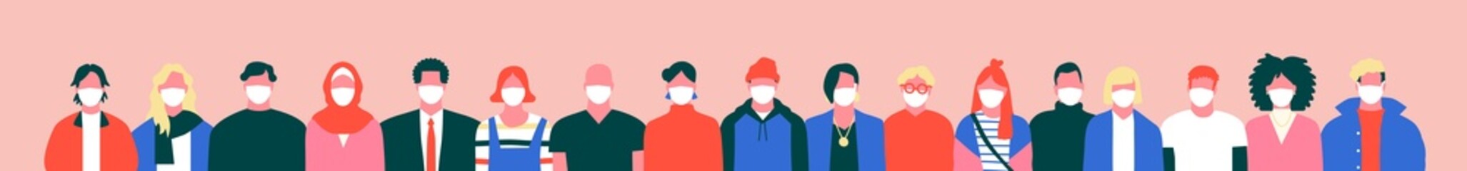 Big diverse people crowd wearing face mask on isolated white background. Young and old adult characters in flat cartoon style. Disease prevention or air pollution protection concept.