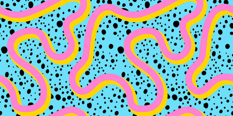 Abstract colorful neon print seamless pattern illustration in retro 80s style. Trendy background with creative line drawing.