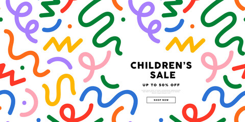 Children sale banner of colorful cute kid doodle line drawings. Business template with copy space on isolated background. Child online store advertisement card or social media post. © Dedraw Studio