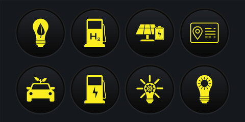 Set Eco car concept drive, Address book, Electric charging station, Light bulb with gear, Solar energy panel and battery, Hydrogen filling, and leaf icon. Vector