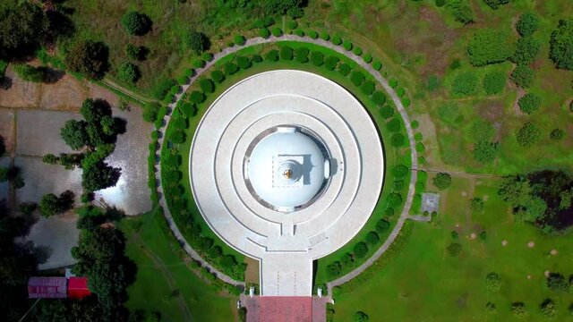 World Peace Stupa in Lumbini, Nepal. Aerial top-down shot