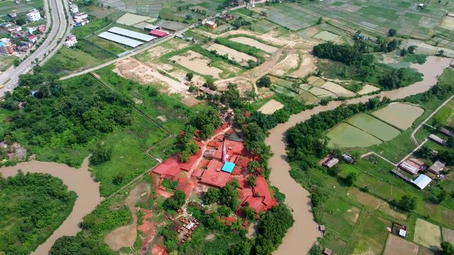 Aerial Traditional Brick Factory or Brick Kiln