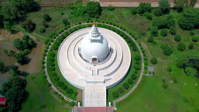 Aerial shot of World Peace Stupa or Monastery in Lumbini, Nepal.