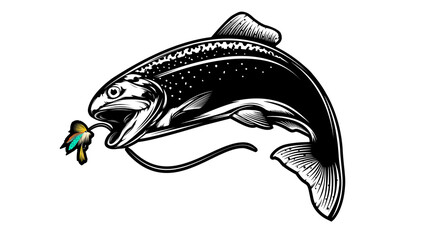 Rainbow trout jumping out water.Salmon isolated on white background. Concept art for horoscope, tattoo or colouring book.