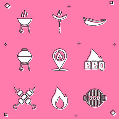 Set Barbecue grill, Sausage on the fork, Hot chili pepper pod, Location with fire flame, Grilled shish kebab and Fire icon. Vector