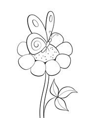 coloring page with a cute butterfly with big wings on a flower,  black and white outline illustration. you can print it on standard 8.5x11 inch paper