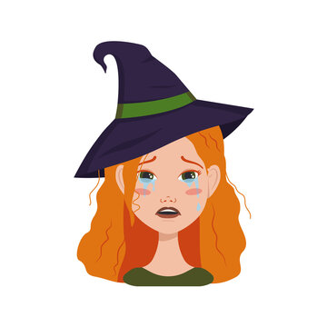 Avatar of a woman with red curly hair, sad emotions, crying face and tears, wearing a witch hat. Girl with freckles in a suit for Halloween