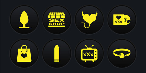 Set Shopping bag with heart, Disc inscription Sex, Dildo vibrator, tv old television, Devil horns, shop building, Silicone ball gag and Anal plug icon. Vector - obrazy, fototapety, plakaty
