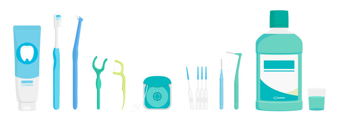 Vector illustration of dental cleaning tools. Oral care and hygiene products. - obrazy, fototapety, plakaty