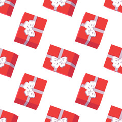 Seamless pattern with red boxes of gifts for Happy New Year. Festive print for Christmas and winter holidays, textiles, wrapping paper and designer decorations