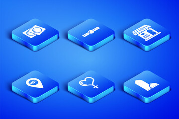 Set Condoms safe sex, in package, Female gender and heart, Location with 18 plus, Silicone ball gag and Sex shop building icon. Vector