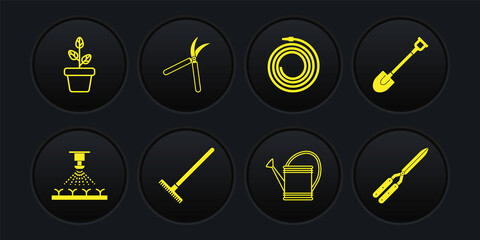 Set Automatic irrigation sprinklers, Garden shovel, rake, Watering can, hose or fire hose, Gardening handmade scissor, and Flowers pot icon. Vector