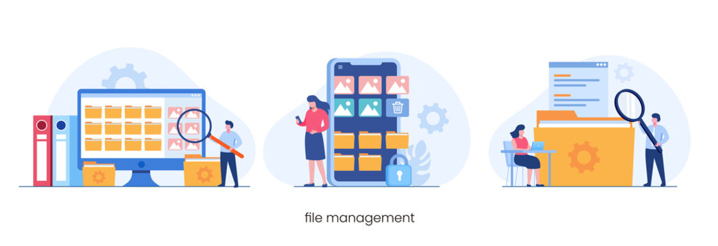 File management administration, data filing concept, flat illustration vector